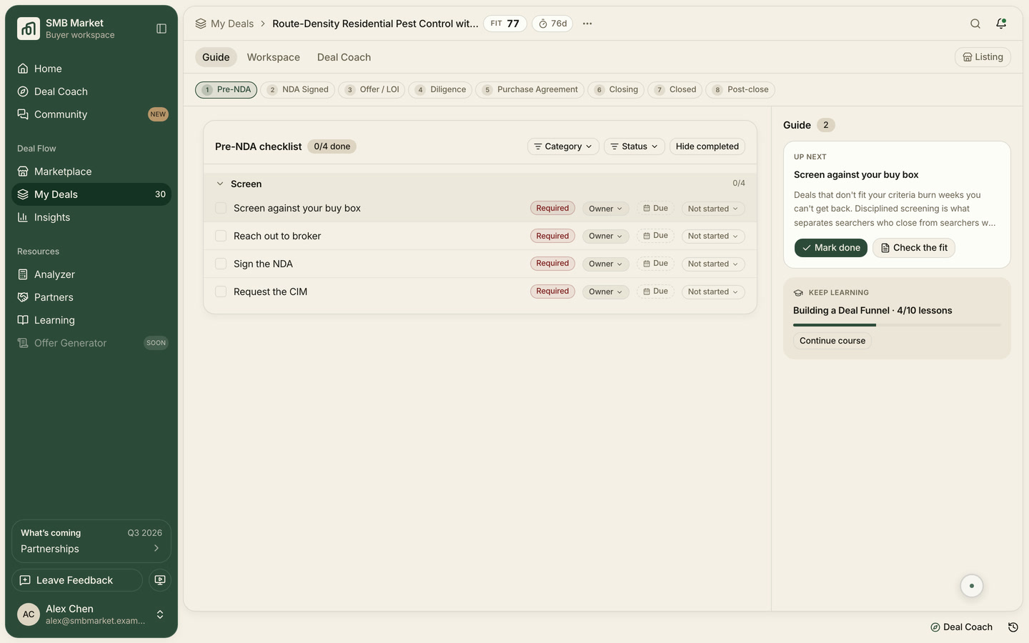 SMB Market My Deals pipeline and opportunity checklist workspace