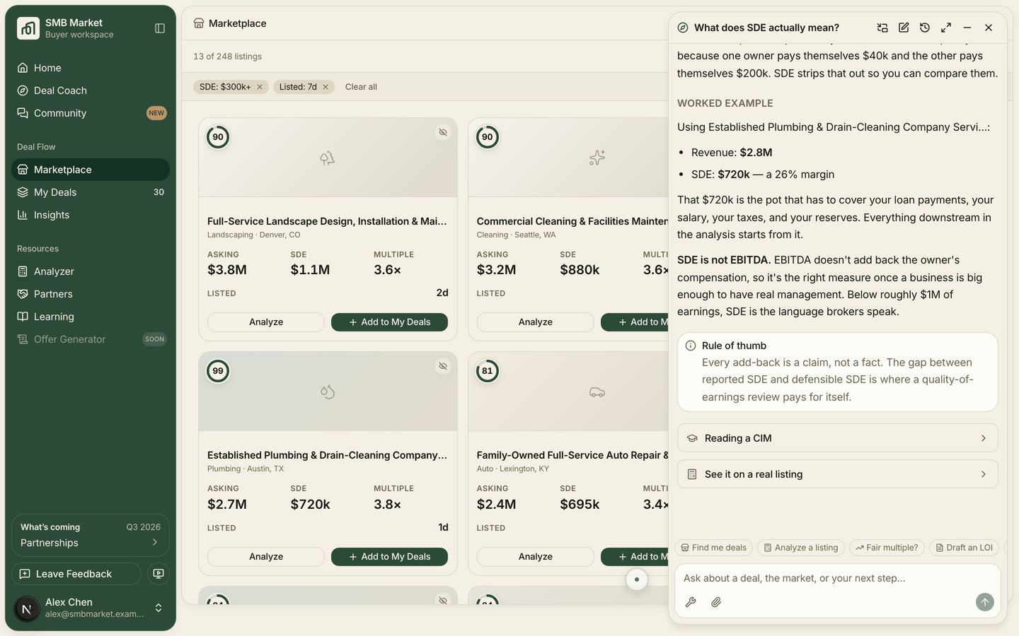 SMB Market AI Deal Coach answering a question in listing context