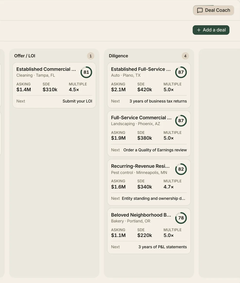 Deal Pipeline overview — active deals by stage with next actions